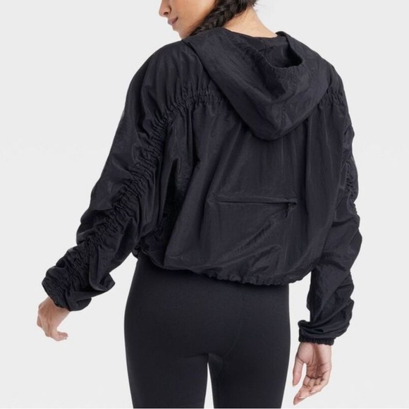 Black hooded ruched sleeve zip up front - Picture 2 of 3